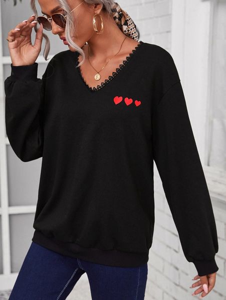 

heart print guipure lace trim v neck sweatshirt k7rg#, White;black