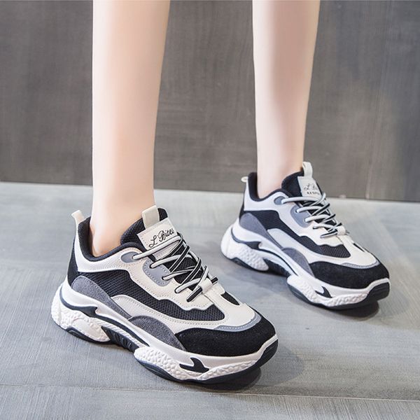 

warrior 2020 women's chunky sneakers mixed colors vulcanize shoes fashion split pu leather platform women casual lace-up shoe 1020, Black;white