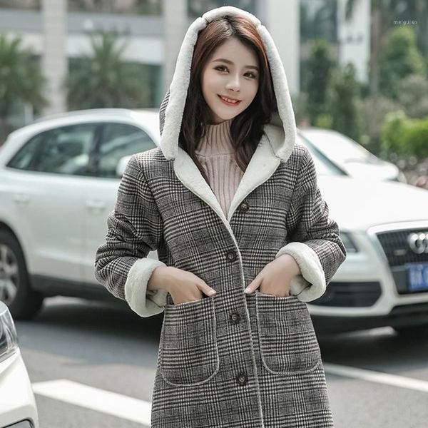 

fashion hooded harajuku overcoat women autumn & winter thick warm long-sleeved plaid casual overcoat brown office lady long-coat1, Black