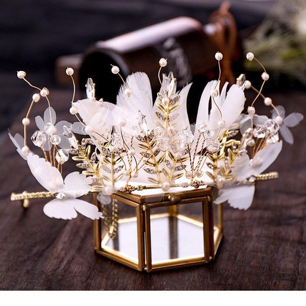 

haimeikang light pink bride wedding crown feather tulle butterfly adorn pearl rhinestone headband banquet tiara ha jllesc