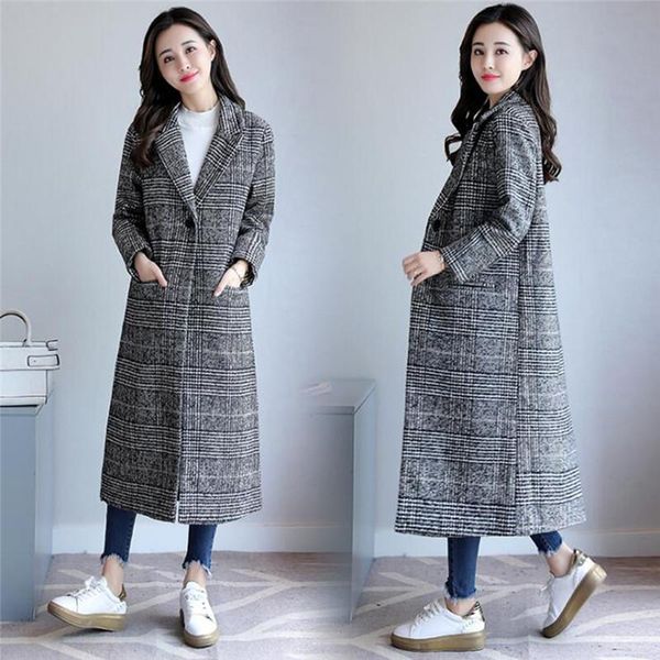 

2020 autumn outerwear women wool & blends wide-waisted long plaid coat fashion turn-down collar woolen coats, Black