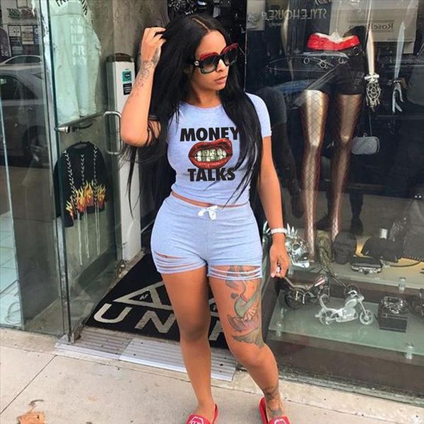 

2 шт. набор женщин спортивный костюм письма печати футболка урожая верхние шорты брюки тренировки трексуита летний повседневный набор, Gray