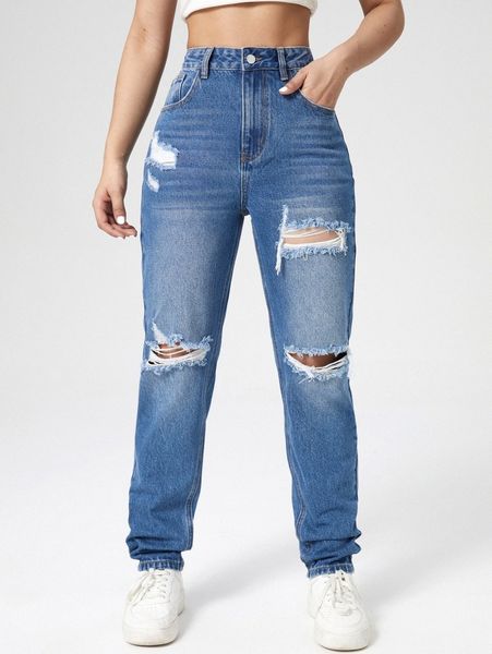 

washed ripped mom jeans y0ye#, Blue
