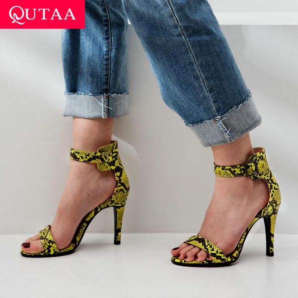 

qutaa 2021 women sandal fashion serpentine pu leather round open-toed thin heel hollow buckle summer ladies shoes size34-43, Black