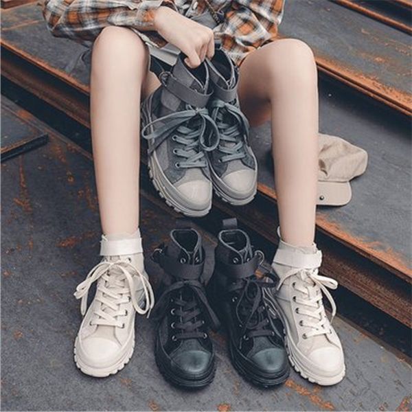 

woman platform high shoes ankle boots height increasing boots thick sole lace-up sneakers women waterproof boot black beige