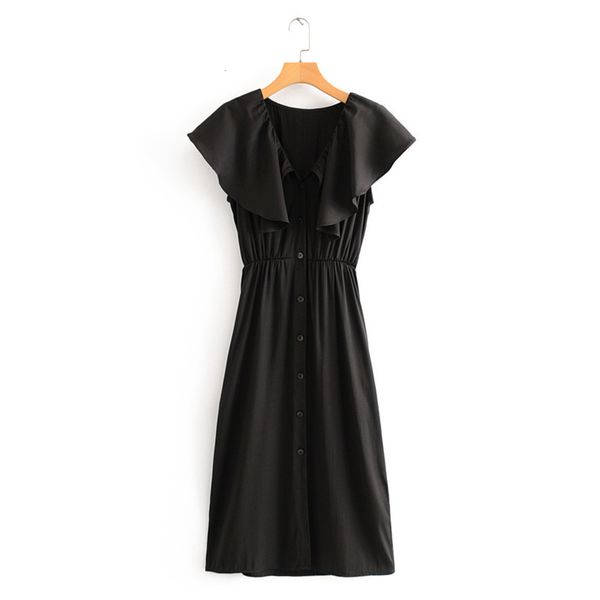 

new women's black fashion 2020 summer v-neck single breasted ruffle dress y60350, Black;gray