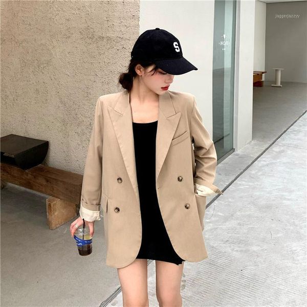 

women's suits & blazers snordic women autumn khaki office lady blazer jacket coat full sleeve double breasted loose outwear with pocket, White;black