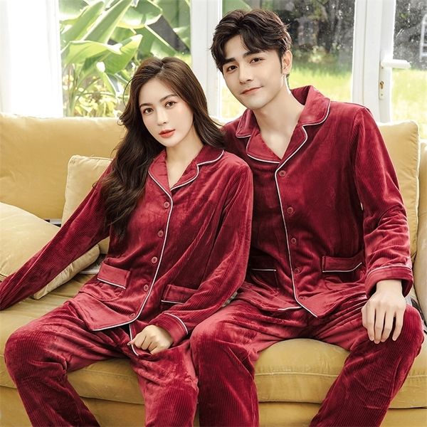 

men winter warm velvet pajama sets luxurious wool pijamas women elegant plus size pajamas turn-down collar pijama male nightwear 201109, Black;brown