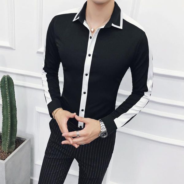 

men shirts long sleeve patchwork casual slim fit blouse man 2021 new spring autumn clothing trendy slimming mens shirts, White;black