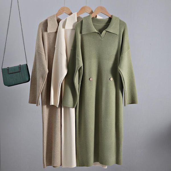 

негабаритные осени зима женские платья разворотный воротник кнопка определенного талии свитер платья густые теплые пуловер midi платье, Black;gray