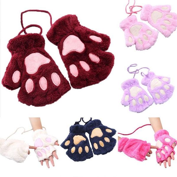 

five fingers gloves winter cute women bear cat claw mitten plush plus velvet thickening half-finger flip keep warm girls1, Blue;gray