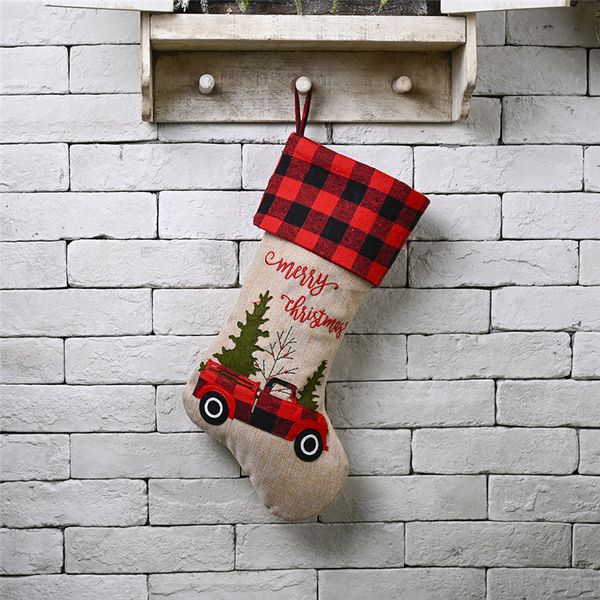 

christmas stocking 18" embroidered linen buffalo plaid red truck hooked xmas stocking christmas decorations and party accessory jk2010x