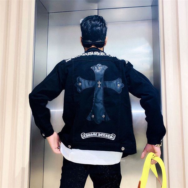 

кросин джинсы мужская осень и зима новая мода ch тяжелая промышленность вышивка санскритская кожаная крестовая куртка, Black