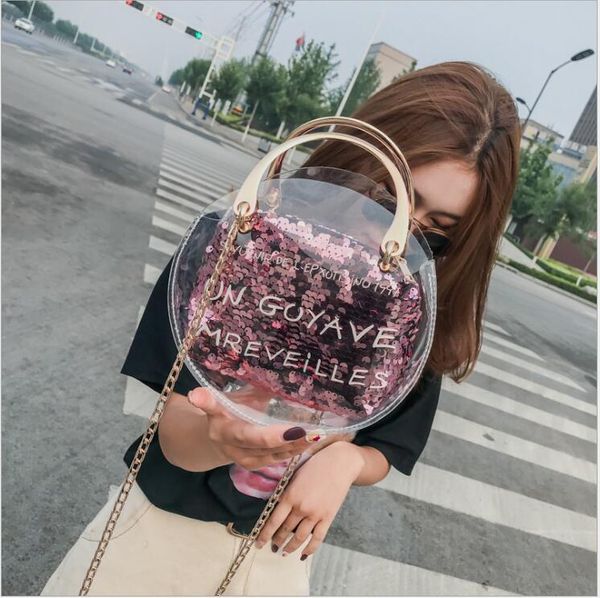 

2020 women transparent bag clear pvc jelly circle tote messenger bags laser shoulder bags female lady contrast color chains bag