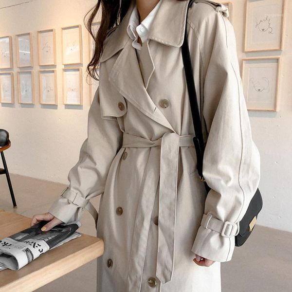 

women's 3/4 length double-breasted trench coat with belt friendly creamy white loose windbreaker officer coat for lady c0491, Tan;black