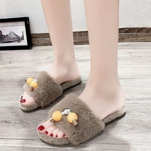 

2020 women furry slippers home slides female flat sandals plush slippers women autumn winter fur flip flops zapatos de mujer, Black