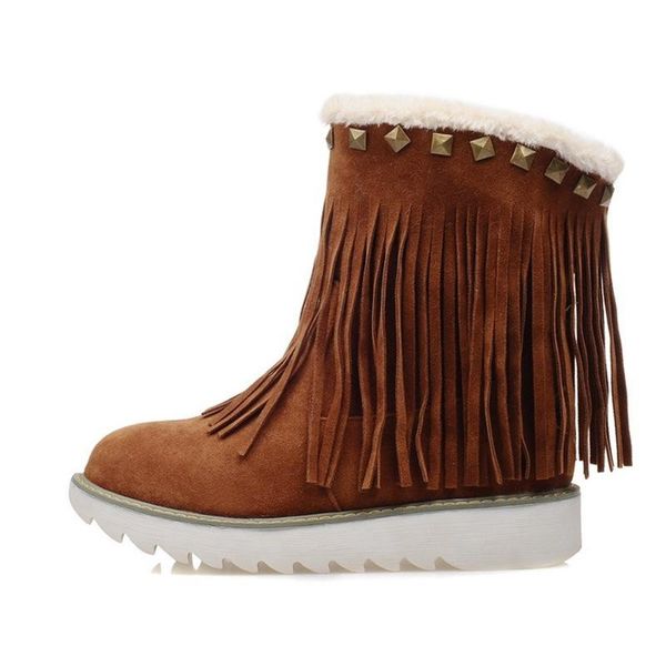 

winter women snow boots warm flat platform cotton shoes ladies fringe rivet vintage mid calf boots big size zapatos mujer, Black