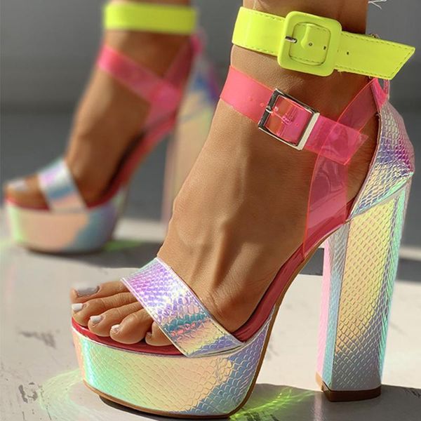 

2020 new high heels summer party sandals women bright fashion platform sandals female laser radium print, Black