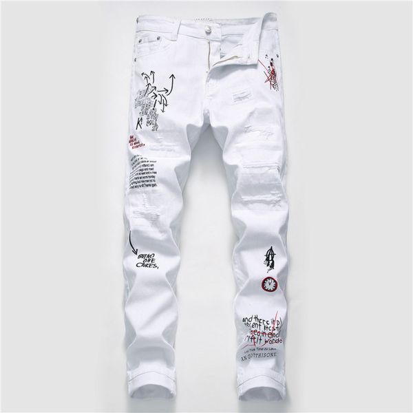 

new men streetwear personality ripped printed white skinny jeans hip hop punk casual motorcycle stretch denim jeans trousers q1216, Blue