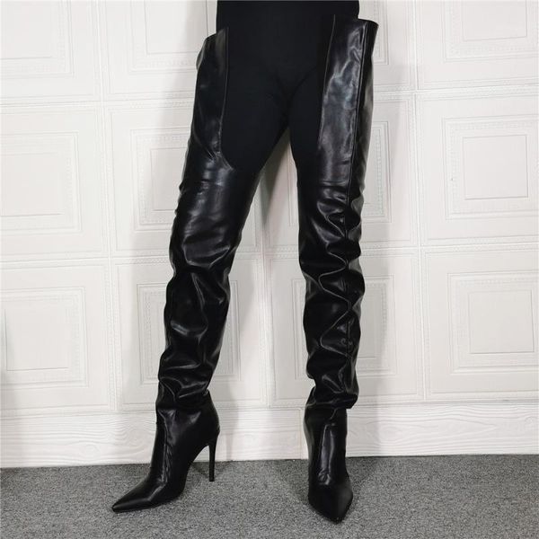 

latex ins over the knee high boots black thin heels crotch pointed toe party botas mujer ladies shoes woman size45 46 471