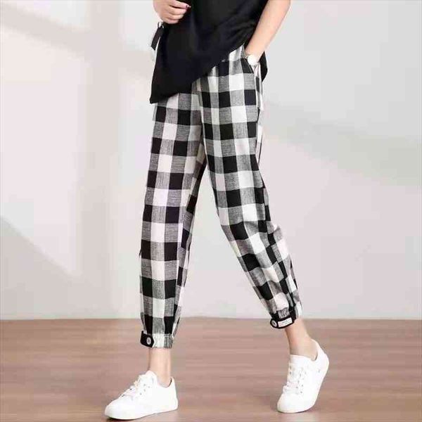 

vintage plaid tie feet women pants fashion casual jogger sweatpants summer harem pants female long trousers streetwear, Black;white