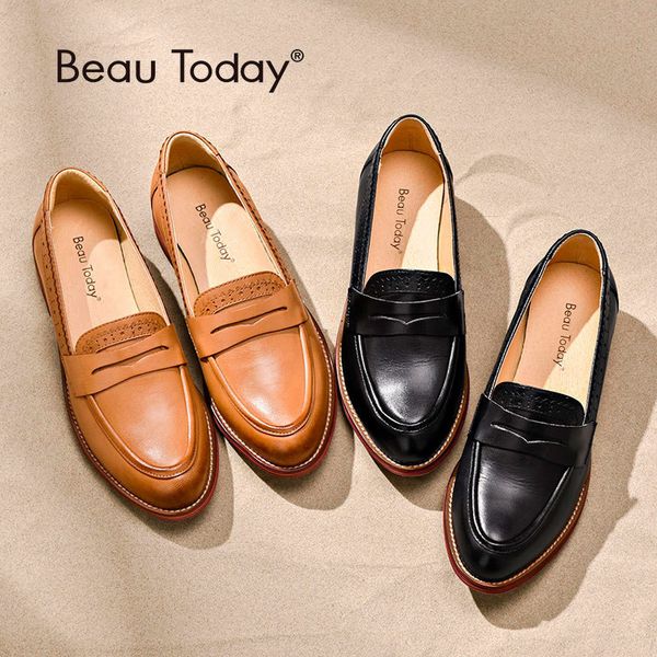

beautoday penny loafers women sheepskin moccasin genuine leather slip on pointed toe flats plus size shoes handmade lj200812, Black