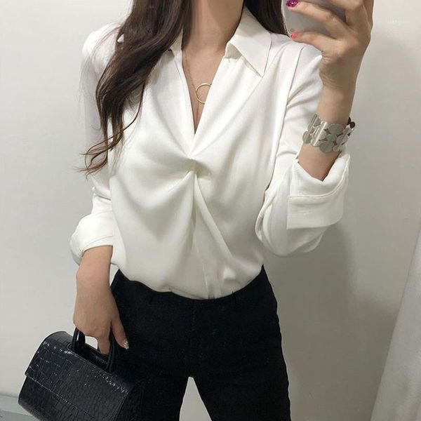 

ewq] 2020 summer new simple long selleve women white and blouses temperament cross loose sweet ladies shirt 4 color qv2121