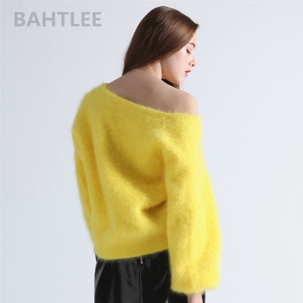 

bahtlee winter women's angora rabbit jumper sweater v-neck lantern sleeve mink cashmere knitted pullovers keep warm thick loose y200722, White;black