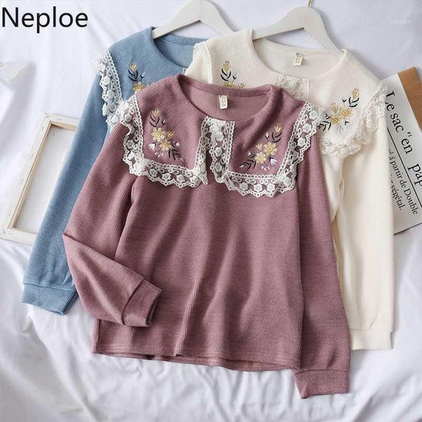

neploe retro doll collar lace patchwork embroidery flower knit sweater solid outwear long sleeve pullover pull femme autumn485061, White;black