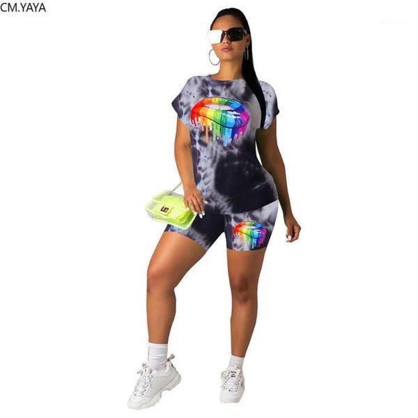 

2019 women summer tie dye galaxy colorful mouth print short sleeve tee suit two piece set sporty tracksuit outfit glyt31671, White