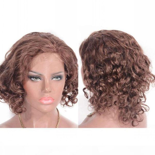 

lace front wig 33# loose curly peruvian human hair lace wig 12 inches short hair wig swiss lace, Black;brown