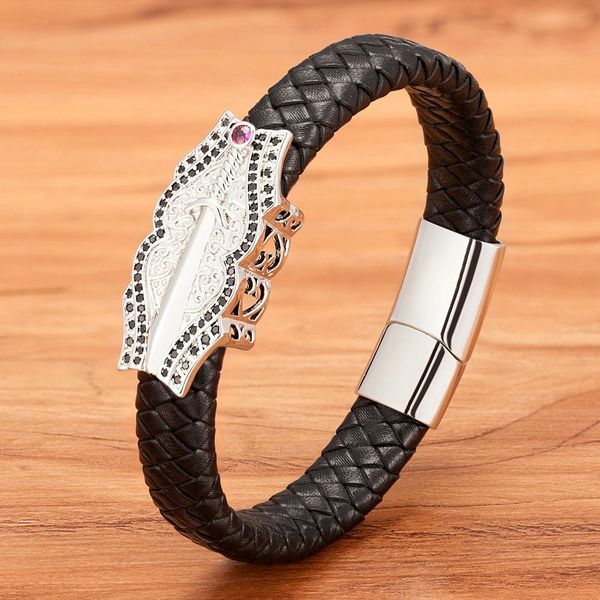 

neo-gothic sword big accessory combination stainless steel leather men's bracelet custom size multi-color choice fashion gift sqccjd, Golden;silver
