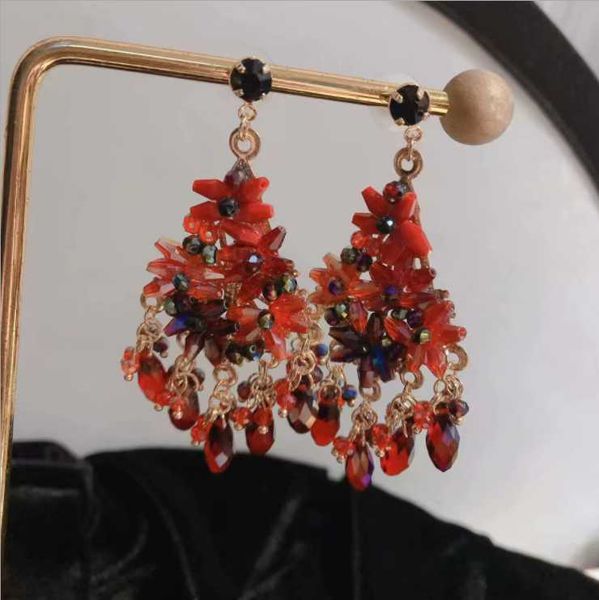 

handmade red crystal earrings luxury exaggerated earrings long tassel, Silver