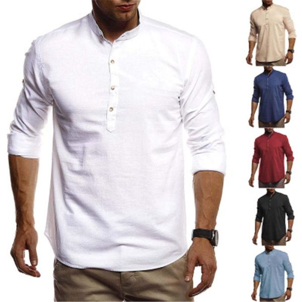 

color loose tshirt mens stand collar tshirt clothing fashion trend long sleeve button neck casual tees spring male new solid, White;black