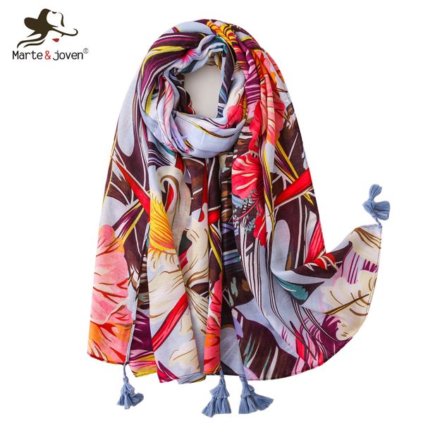 

marte&joven romantic big floral printed women scarf with tassels elegant charming party spring wraps shawl for ladies, Blue;gray