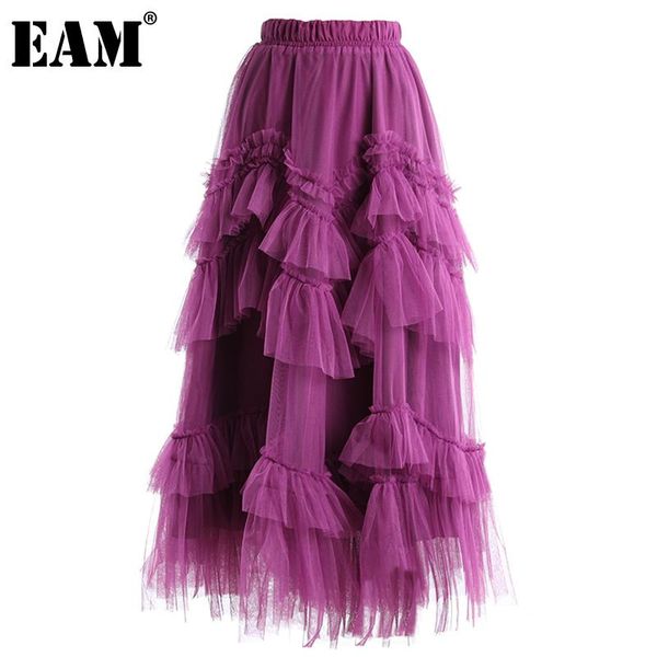 

skirts [eam] mesh spliced wave type pleated purple high waist half-body skirt women fashion tide spring autumn 2021 1dd3230, Black
