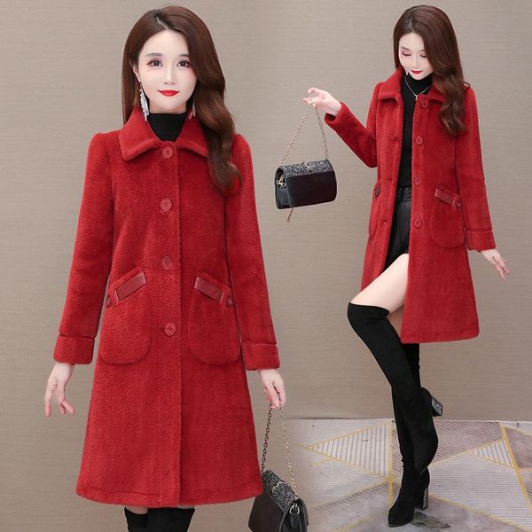 

coat female han edition of new fund of 2021 autumn winters in long imitated mink wool cloth coat cultivate morality, Black