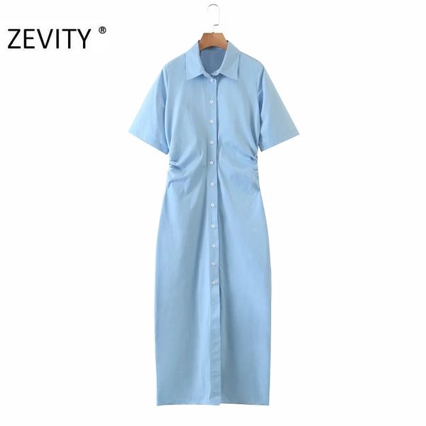 

zevity women fashion breasted blue color shirtdress office ladies short sleeve waist pleated vestidos chic party dresses ds4242 y0118, Black;gray