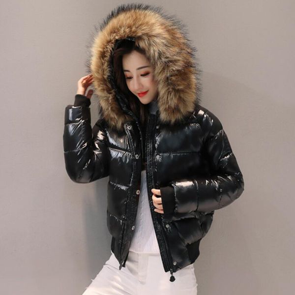 

big fur 2021 new winter jacket women parkas hooded waterproof down parka female jacket glossy short coat woman slim warm outwear, Black