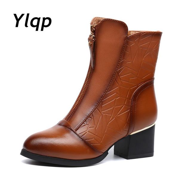 

2020 new vintage mid-calf women boots square thick high heels pointed toe martin boots genuine leather winter shoes for women, Black