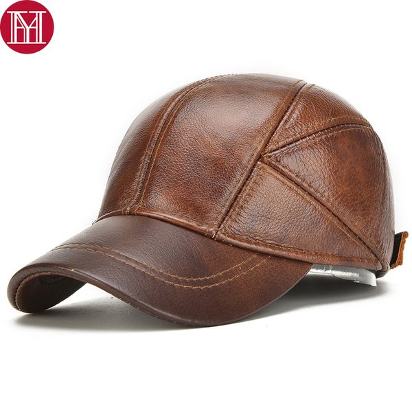 

men real cowhide leather earlap caps male fall winter 100% real cow leather hats new casual real leather outdoor baseball cap t200106, Blue;gray