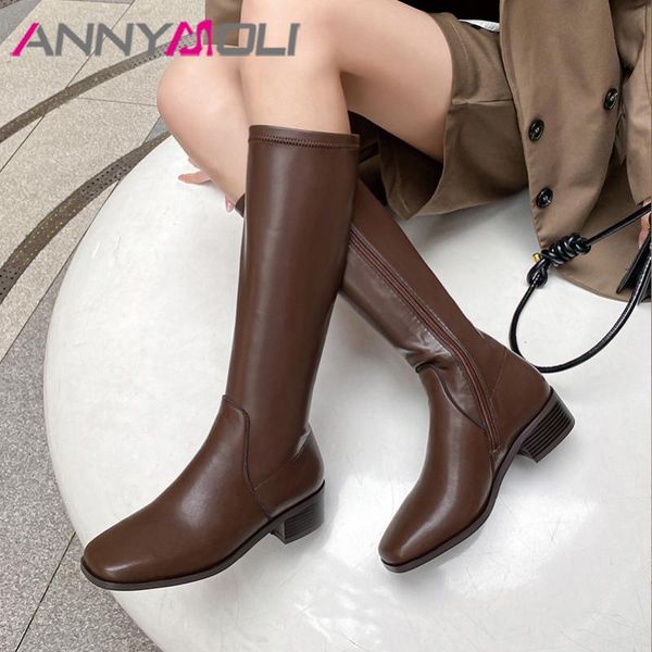 

boots annymoli women long shoes genuine leather chunky heels knee high zipper square toe mid heel ladies brown black