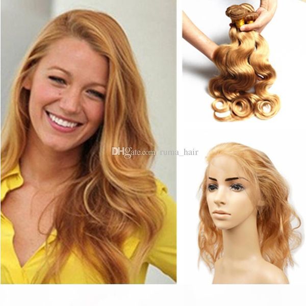 

#27 honey blonde body wave virgin hair weave 3 bundles with 22.5x4x2 pre plucked 360 full lace band frontal closure 4pcs lot, Black;brown