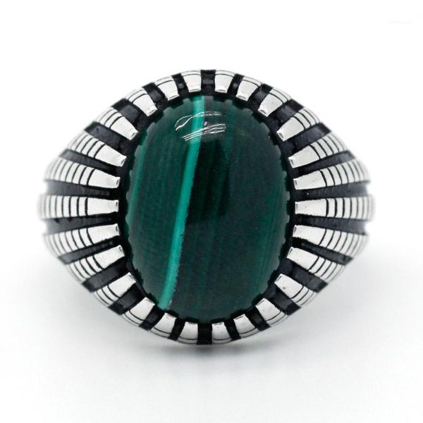 

real pure 925 sterling silver male ring green natural malachite stone punk style ring for men party/wedding jewelry fine jewelry1, Golden;silver