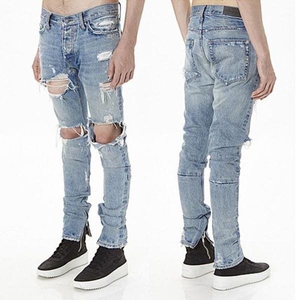 

men's jeans ewq / men's wear 2021 clothing chic holes zipper denim pants mid-waits straight long solid for male hd5781, Blue