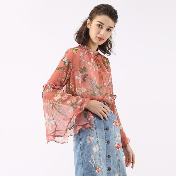 

ladies sweet lady temperament small floral summer fresh pleated trumpet sleeves micro perspective shirt women, White