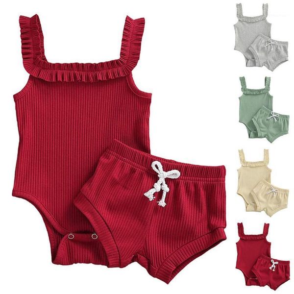 

2pcs newborn baby girls clothes summer knitted outfits halter romper ruffle shorts solid color clothing 3 6 12 18 24 months1, White