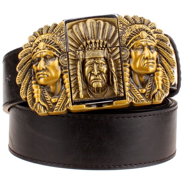

fashion gift men's belt with kerosene lighter belt metal buckle belts indian chief design punk rock strap for men gift belt 201112, Black;brown