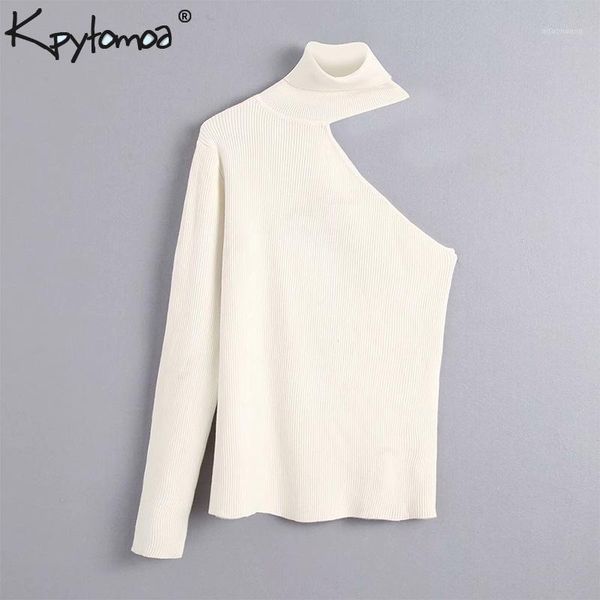 

vintage asymmetic high collar knitted sweater women 2019 fashion one shoulder long sleeve stretchy slim pullovers chic 1, White;black