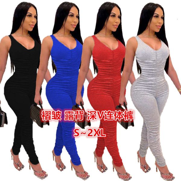 

back mn8305 pleated women's v-neck open jumpsuit, Black;gray